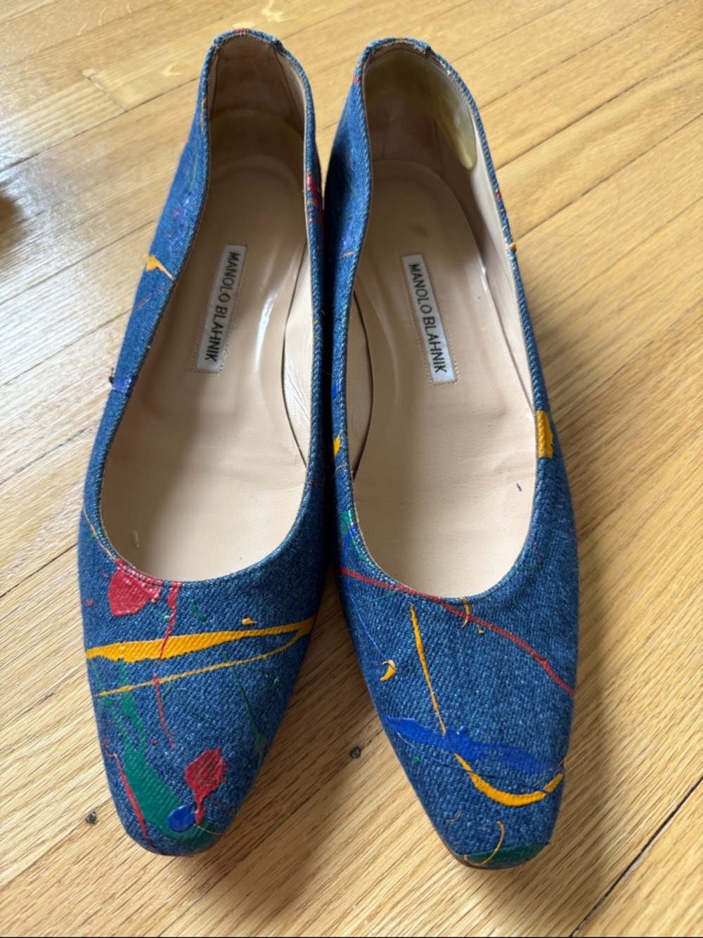 Manolo Blahnik Denim Flats with Multicolor Paint Accents